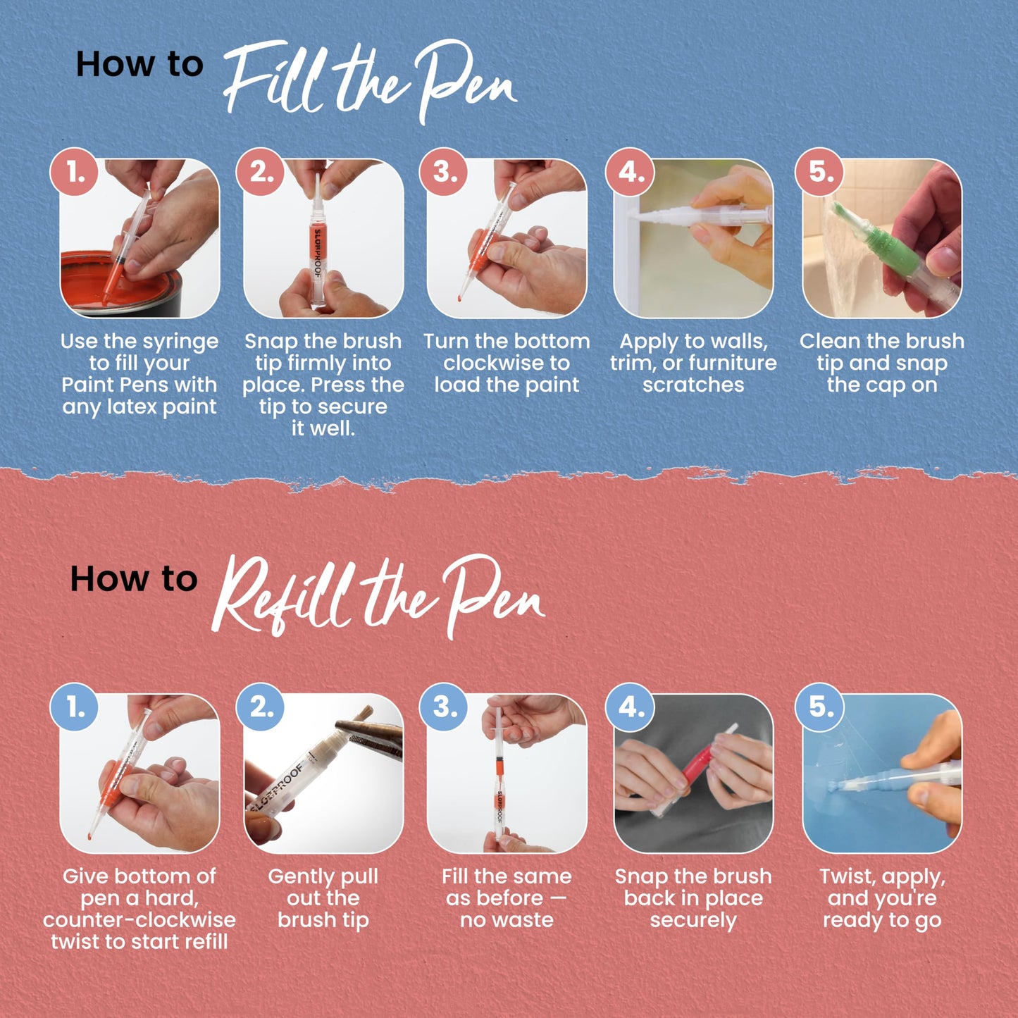 Slobproof Refillable Touch-Up Paint Pen, Mess-Free, Reusable Wall Paint Repair Tool, Precise Application, DIY Home Improvement, Furniture, Arts and Crafts, Patented Design, Easy Storage, Pack of 5