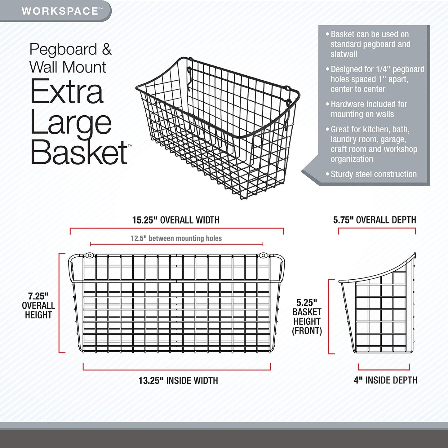 Spectrum Pegboard & Wall Mount Wire Basket Extra Large (Industrial Gray) - Storage & Organizer for Garage, Tools, Shed, Home, Work Bench, Crafts, & More