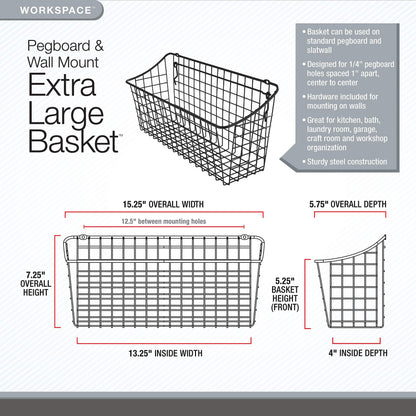 Spectrum Pegboard & Wall Mount Wire Basket Extra Large (Industrial Gray) - Storage & Organizer for Garage, Tools, Shed, Home, Work Bench, Crafts, & More