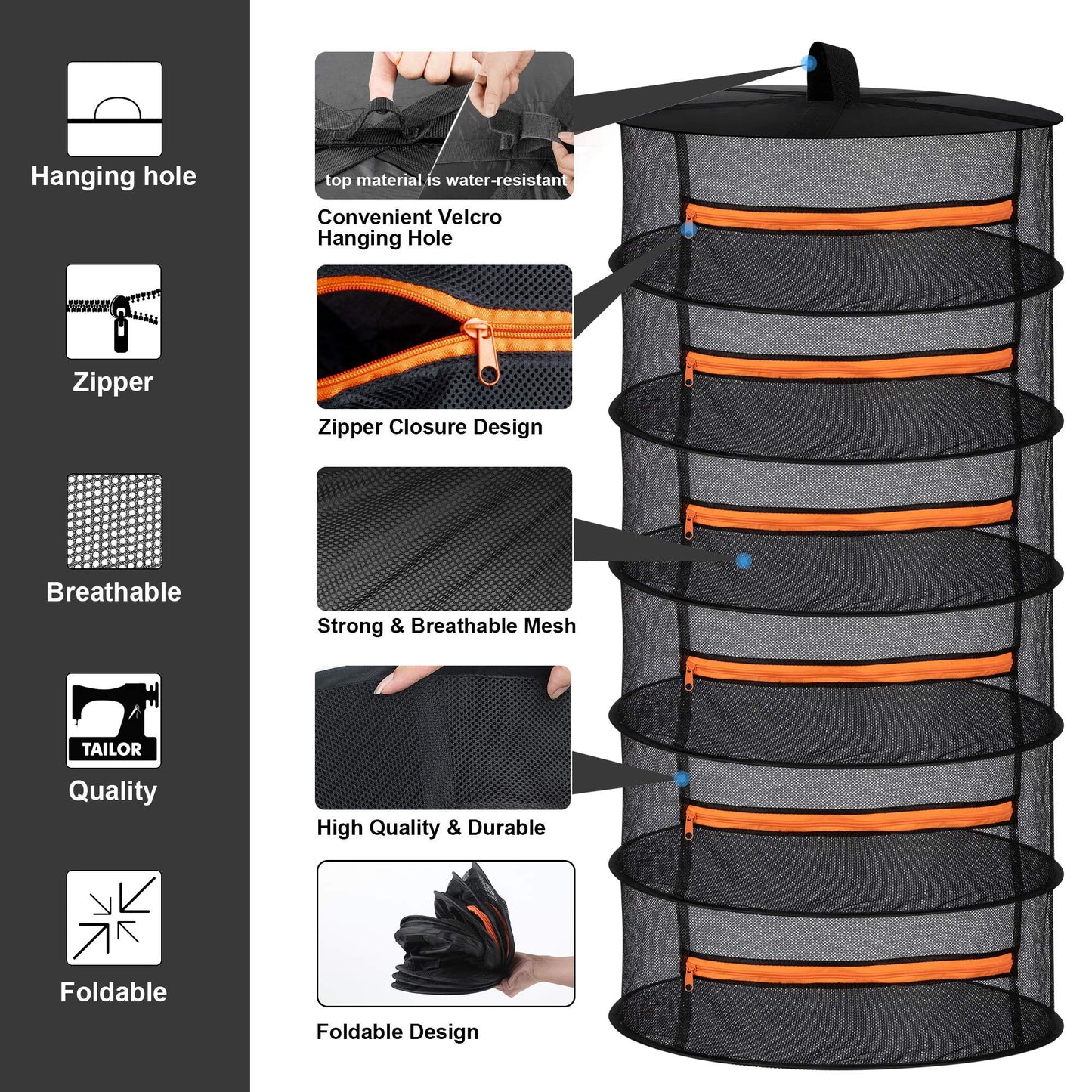 Desy & Feeci Herb Drying Rack-2ft Diameter 6 Layer Folding Mesh Hanging Basket Dryer Net with Zippers for Seeds Flowers Buds Plants Garden Outdoor Bumper Harvest(D24xH47 inch)