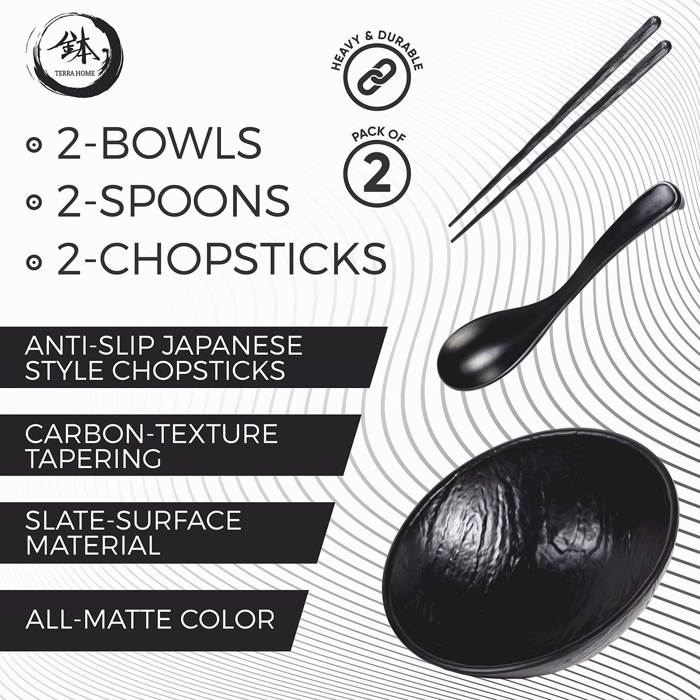 TERRA HOME Ramen Bowl and Spoon Set with Chopsticks - Large Pho Bowls and Spoons Set Unbreakable Japanese Melamine Ramen Bowl - 6 Piece Matte Black Asian Ramen Noodle and Soup Bowls - 54 Ounce