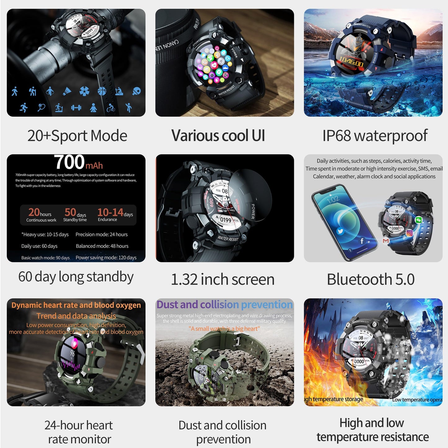 AOSLSI Watch Compass, Altimeter Barometer Thermometer Temperature, Pedometer Watch, Watch Compass, Altimeter Barometer Thermometer Temperature, Pedometer WArmy Waterproof Outdoors Sport Digital Watch for Men, Black