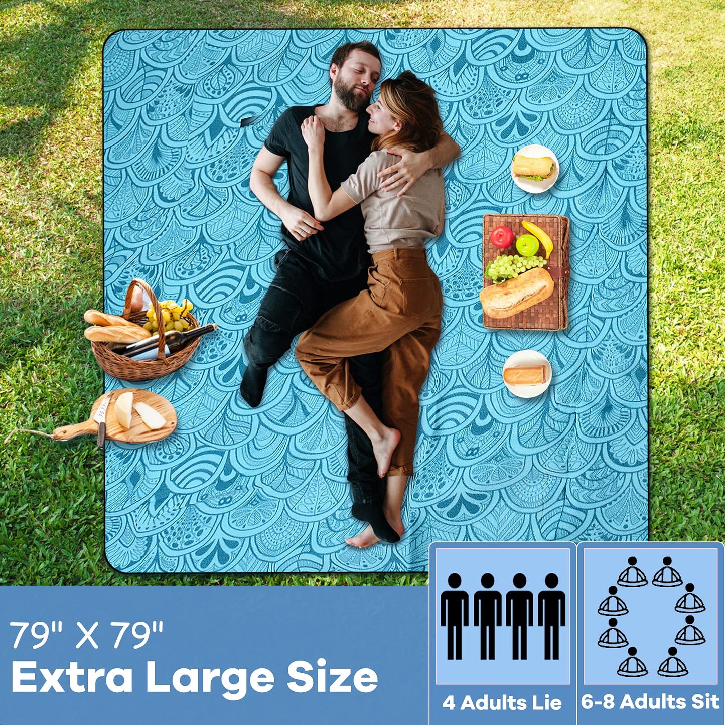 ZOMAKE Picnic Blanket Waterproof Sandproof Large Foldable Blankets,79"x79" Concert, Beach, Yard, Outdoor Grass Mat(Peacock Blue)