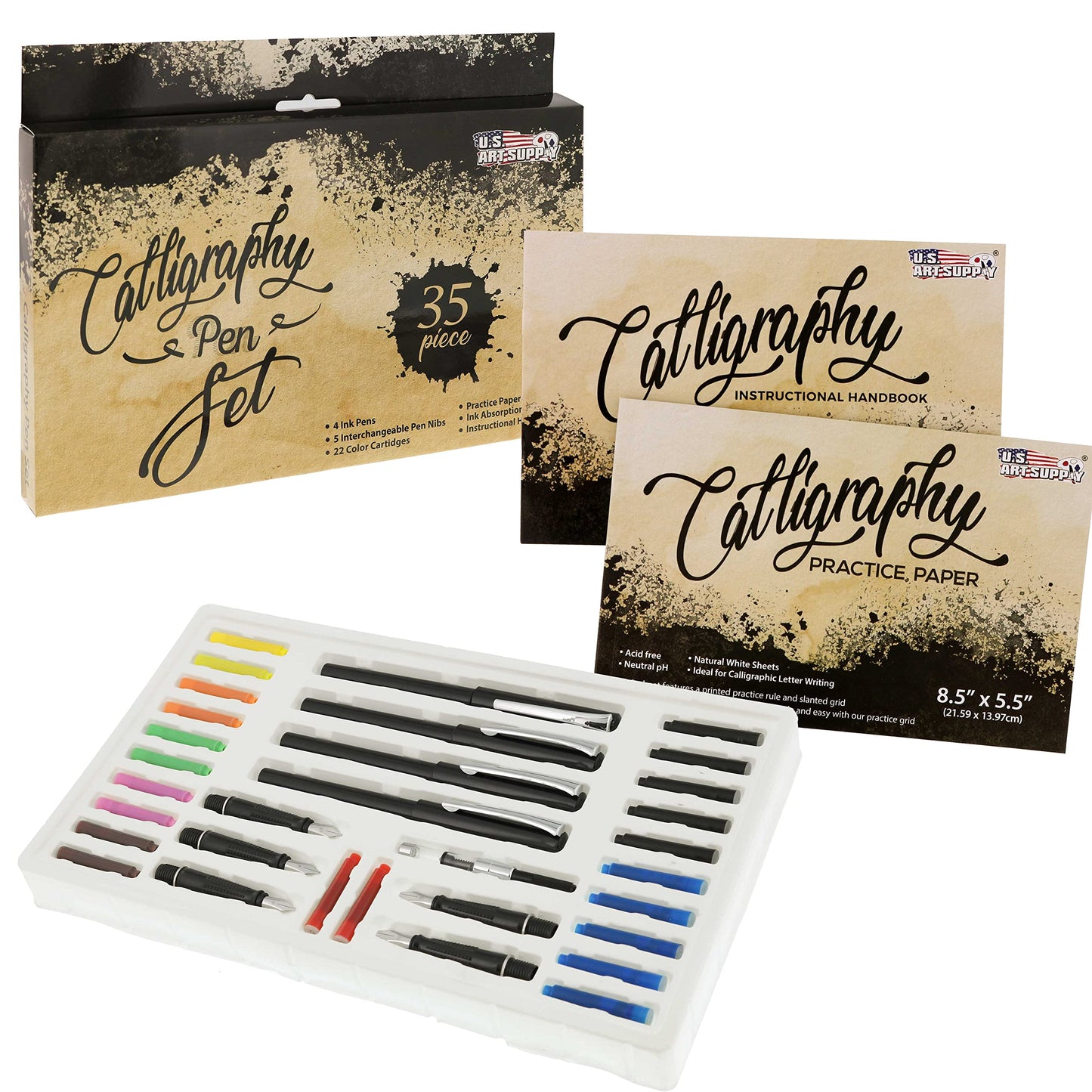 U.S. Art Supply 35-Piece Calligraphy Pen Set - 4 Pens, 5 Nibs, 22 Inks, Includes Calligraphy Pens for Writing, Beginners Handbook & Practice Paper Pad
