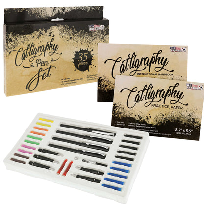 U.S. Art Supply 35-Piece Calligraphy Pen Set - 4 Pens, 5 Nibs, 22 Inks, Includes Calligraphy Pens for Writing, Beginners Handbook & Practice Paper Pad