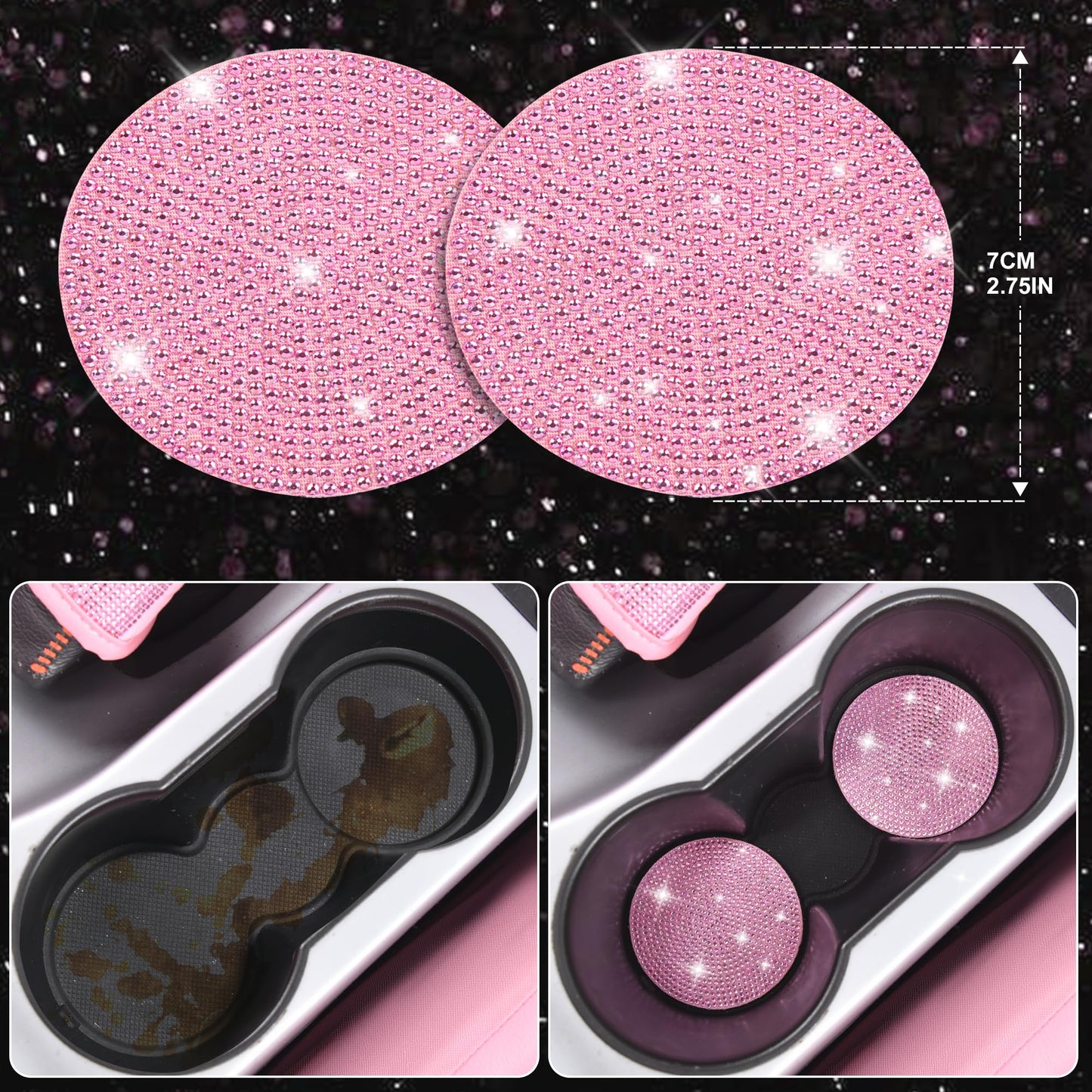 CAR PASS Bling Pink Car Accessories Set for Women, Sparkly Rhinestone Diamond Steering Wheel Cover Seat Belt Cushion Glitter Shift Knob Cover Car Cup Holder Coaster Cute Interior Sets, Pink 22 PCS