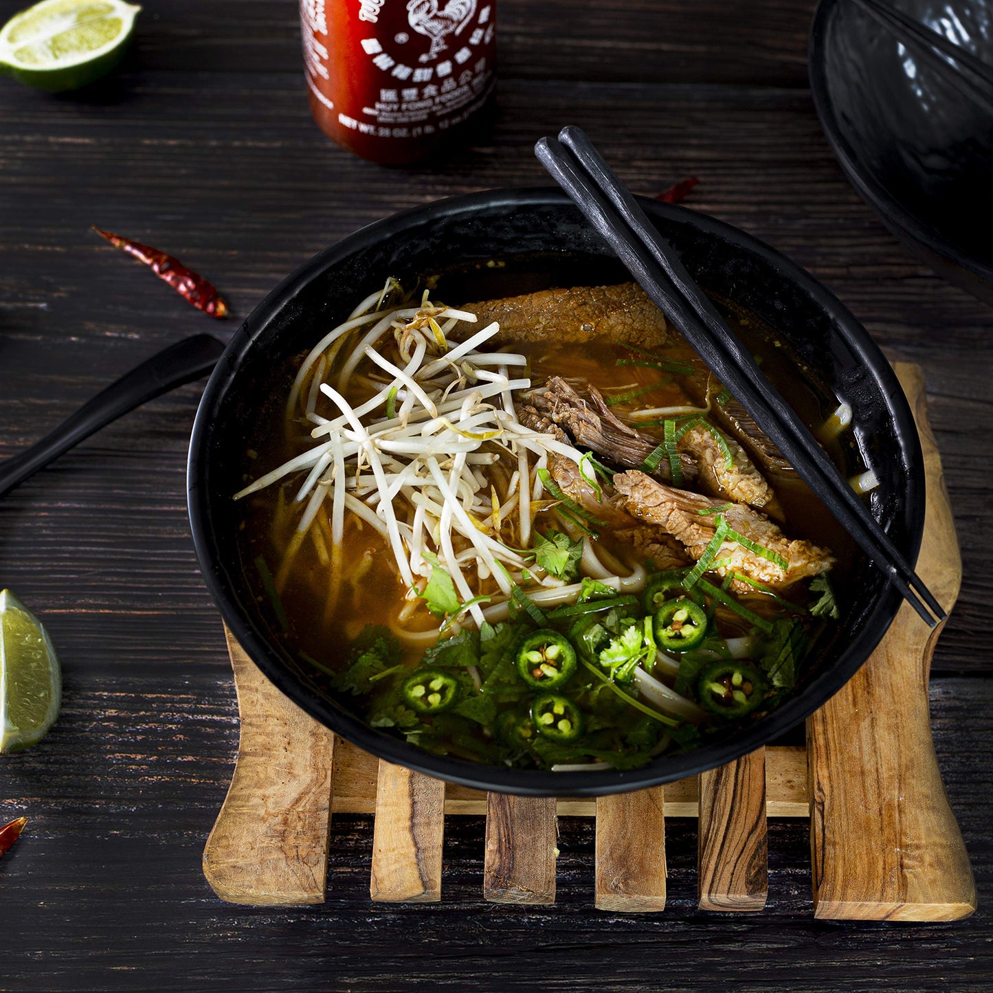 TERRA HOME Ramen Bowl and Spoon Set with Chopsticks - Large Pho Bowls and Spoons Set Unbreakable Japanese Melamine Ramen Bowl - 6 Piece Matte Black Asian Ramen Noodle and Soup Bowls - 54 Ounce