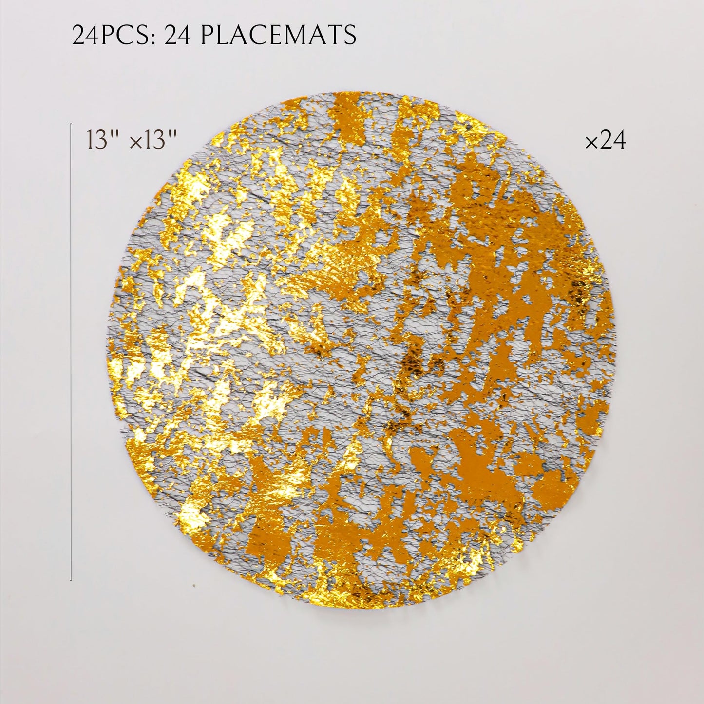 Snowkingdom Black Gold Placemats Round Disposable Sparkly Paper Metallic Glitter Foil Gold Doilies Luxury Dining Table Decoration Centerpieces for Party Birthday Wedding Christmas Shower Set of 24