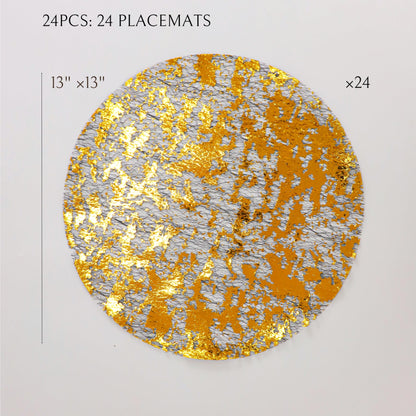 Snowkingdom Black Gold Placemats Round Disposable Sparkly Paper Metallic Glitter Foil Gold Doilies Luxury Dining Table Decoration Centerpieces for Party Birthday Wedding Christmas Shower Set of 24