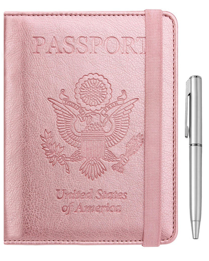 WALNEW Passport Holder for Travel, RFID Passport Cover Wallet for Women Men, PU Leather Passport Book Card Holder Case with Pen, Travelling Essentials for Flying