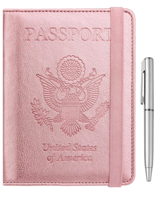 WALNEW Passport Holder for Travel, RFID Passport Cover Wallet for Women Men, PU Leather Passport Book Card Holder Case with Pen, Travelling Essentials for Flying