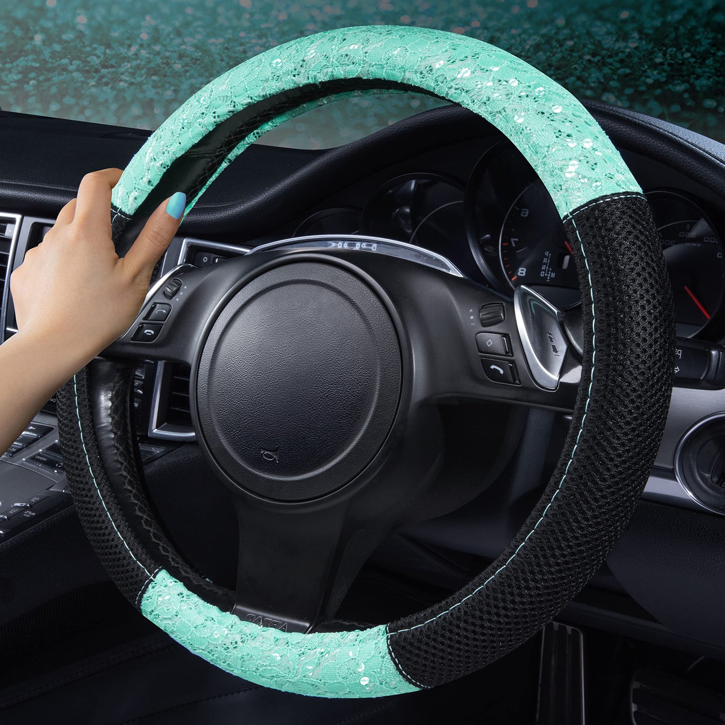 CAR PASS Lace and Spacer Mesh Steering Wheel Covers,14.5-15 Inch Car Steering Wheel Cover Fit for 95% Sedan,Vans,SUV,Coupe,Cars. Pretty Sequins Cute Women Girls(Mint Lace)