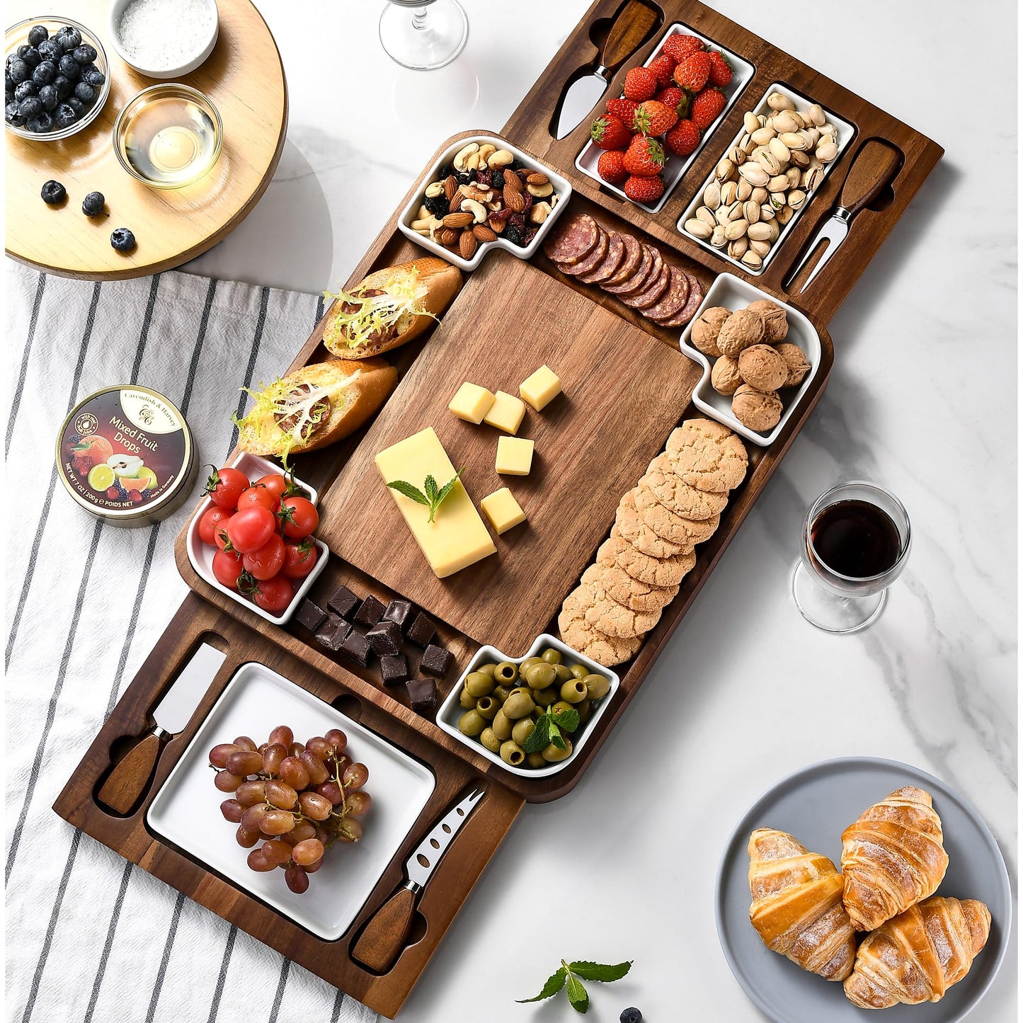 Shanik Upgraded Acacia Cheese Board Set, Square Shaped Charcuterie Set, Cheese Platter, Handcrafted Design and Stainless Steel Cutlery Set - Gift for Any Occasion No Engraving