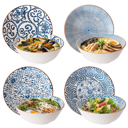 YALONG Ceramic 40 Oz Ramen Bowls Set of 4, 8 Inch Soup Bowls for Pho,Noodle,Salad, Pasta and Serving, Blue and White Japanese, Microwave and Dishwasher Safe
