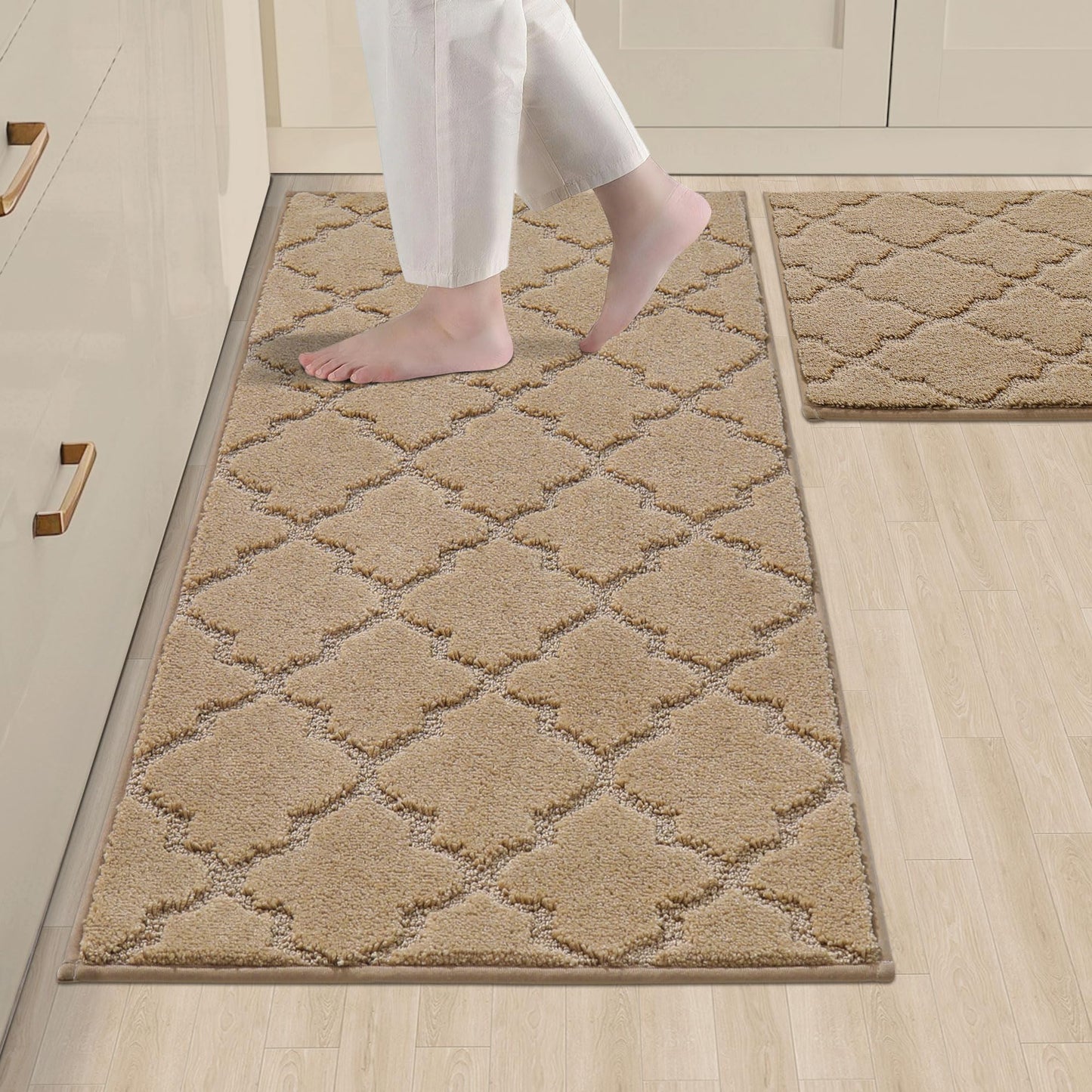 COSY HOMEER Soft Kitchen Rugs [2 PCS] for in Front of Sink Super Absorbent Kitchen Floor Mats and Mats 20x30 Inch/20X48 Non-Skid Kitchen Mat Standing Mat Washable,Polyester,Beige