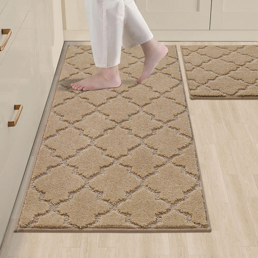 COSY HOMEER Soft Kitchen Rugs [2 PCS] for in Front of Sink Super Absorbent Kitchen Floor Mats and Mats 20x30 Inch/20X48 Non-Skid Kitchen Mat Standing Mat Washable,Polyester,Beige