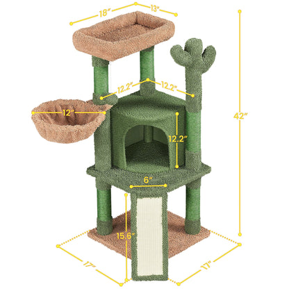 Yaheetech Cactus Cat Tree, 42in Cat Tower for Indoor Cats, Multi Level Kitten Condo Scratching Post, Cat Activity Center Pet Furniture w/Ball, Plush Perch, Platform, Basket