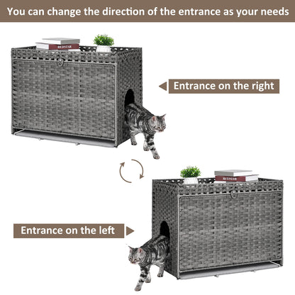 Cat Litter Box Enclosure with Soft Litter Mat; Hidden Kitten Washroom Furniture with Door; Handwoven Rattan Cat House with Large Space; Pet Crate for Living Room, Bedroom, Balcony (Grey)