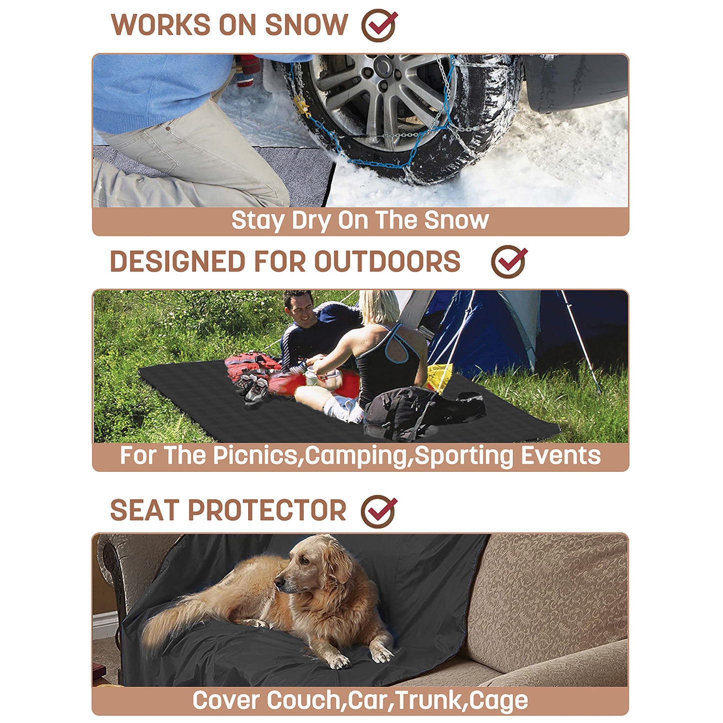 Tirrinia 66''X 90'' Waterproof Outdoor Blanket with Sherpa Lining, Windproof Triple Layers Warm Comfy Foldable for Camping Stadium, Sports, Picnic, Grass, Concerts, Pet, Extra Large Size