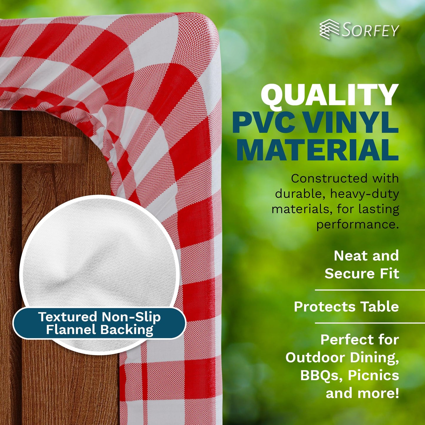 Sorfey Vinyl Umbrella Picnic Table and Bench Fitted Tablecloth Cover, Checkered Design, Flannel Backed Lining, 30x96 Inch, 3-Piece Set, Green