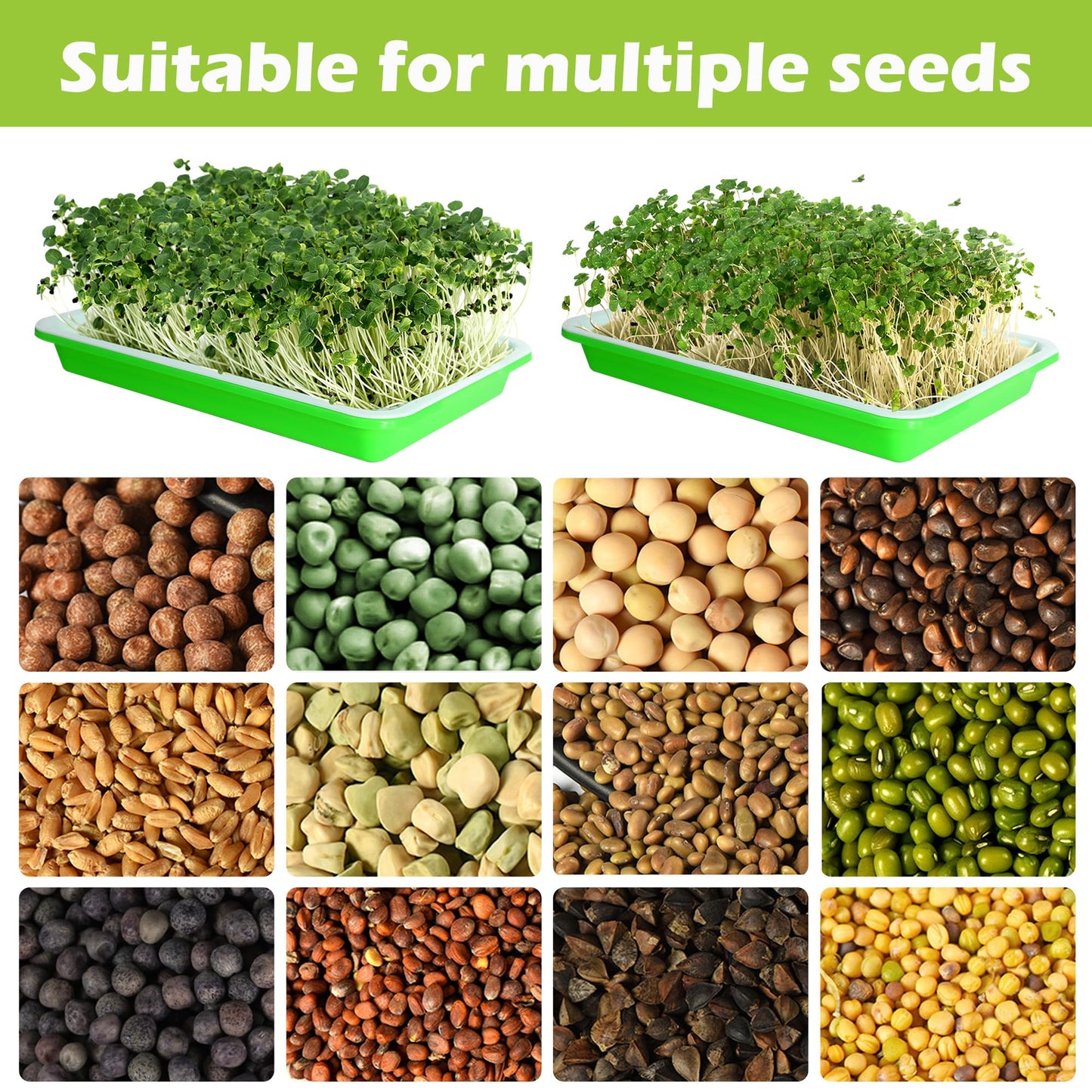 EBaokuup 10Pcs Seed Sprouter Tray with Drain Holes - BPA Free Seed Garden Plant Germination Propagation Trays, Soil-Free Wheatgrass Tray Sprouter Microgreens Growing Kit with Germinating Paper