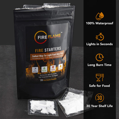 FireFlame Quick Instant Fire Starter -100% Waterproof All-Purpose Indoor & Outdoor FireStarter, for Charcoal Starter, Campfire, Fireplace, Firepit, Smoker - Odorless and Non-Toxic - 20 Pouches in Bag