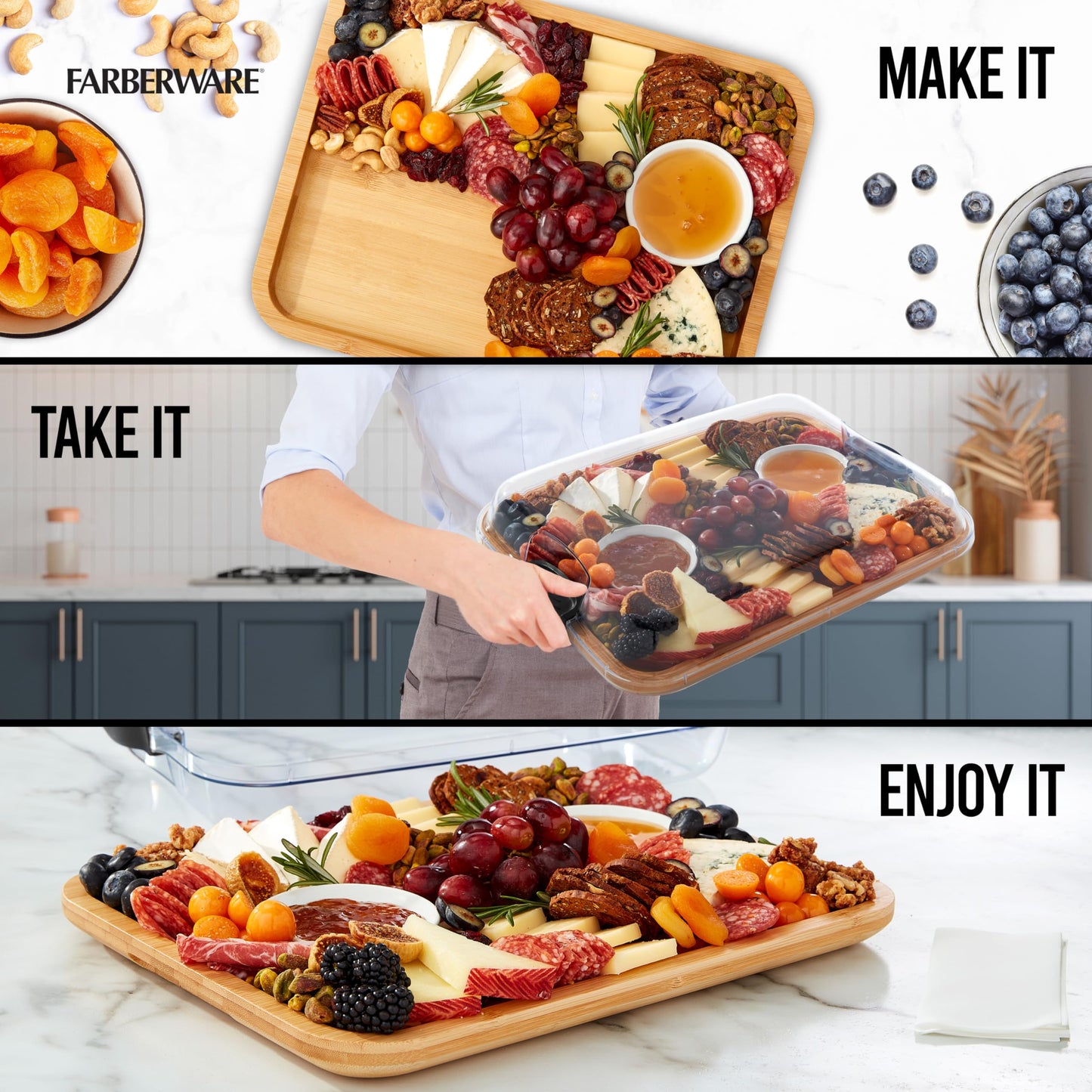 Farberware Build-A-Board Bamboo Cutting Board with Single Storage Compartment, Clear Locking Lid, Black Handles, Perfect for Charcuterie & Snacks