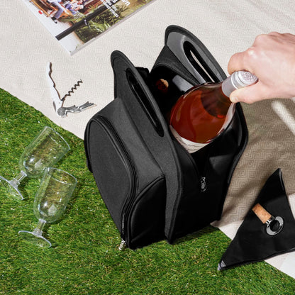 True Metro Insulated Wine Tote with Pockets, Wine Bottle Carrier and Picnic accessory set, wine glasses set of 2, Napkins, Corkscrew, and Bottle stopper, Black, Set of 1