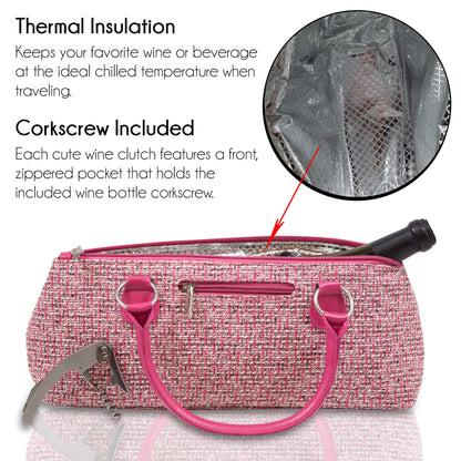 Wine Clutch Bag (Thermal Insulated) Trendy Women’s Carry Tote | Holds Red & White 750mL Bottles | Trendy Fashion | Incl. Portable Waiter-Style Corkscrew (Pink Tweed)