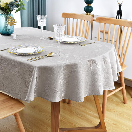 Wolkemer Shiny Oval Jacquard Tablecloth 60 x 84 Inch Gray Floral Countryside Leaves Damask Patterns Table Cloth Glossy Fabric Table Cover for Dinner Kitchen