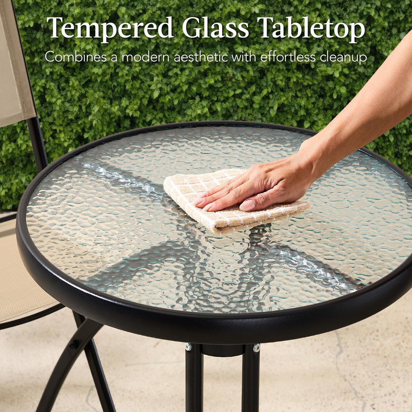 Best Choice Products 3-Piece Patio Bistro Dining Furniture Set w/Textured Glass Tabletop, 2 Steel Folding Chairs, Polyester Fabric - Beige