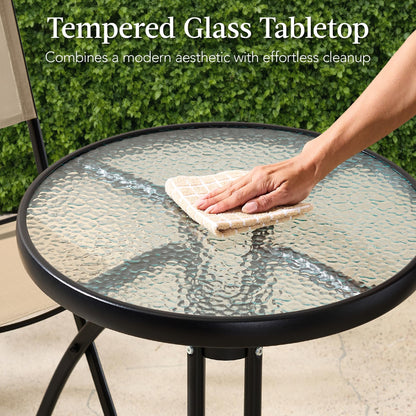 Best Choice Products 3-Piece Patio Bistro Dining Furniture Set w/Textured Glass Tabletop, 2 Steel Folding Chairs, Polyester Fabric - Beige