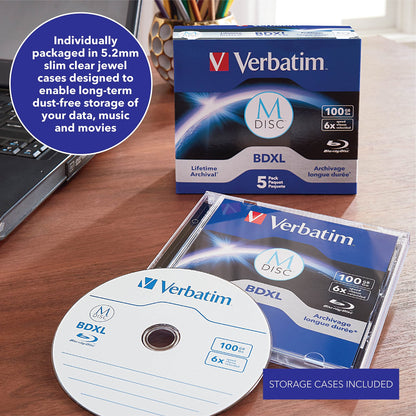 Verbatim M DISC BDXL 100GB 6X with Branded Surface Blank Blu-Ray Recordable Media – 5pk Jewel Case Box,Blue