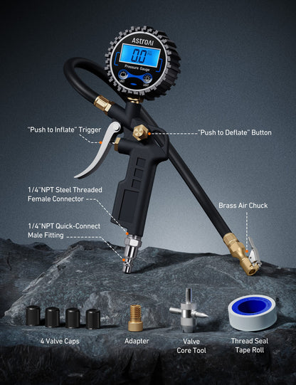 AstroAI Digital Tire Pressure Gauge with Inflator, 3-250 PSI Air Chuck & Compressor Accessories Heavy Duty with Quick Connect Coupler, 0.1 Display Resolution (Standard with Case)