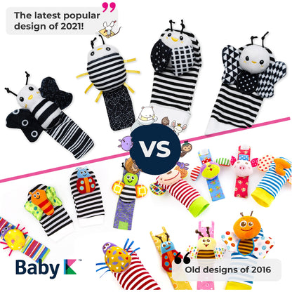BABY K Baby Rattle Socks & Wrist Toys (Set E) - Newborn Toys for Baby Boy or Girl - Brain Development Infant Toys - Hand and Foot Rattles Suitable for 0-6, 6-12 Months Babies - Newborn Baby Gifts