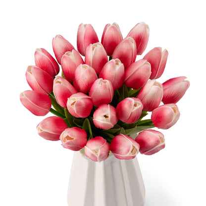 Crafare 27PC Spring Artificial Tulips Flowers Real Touch Tulips for Valentines Day Wedding Bouquets Floral Arrangement and Home Room Centerpiece Party Decor(Double Pink)