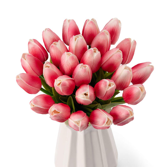 Crafare 27PC Spring Artificial Tulips Flowers Real Touch Tulips for Valentines Day Wedding Bouquets Floral Arrangement and Home Room Centerpiece Party Decor(Double Pink)