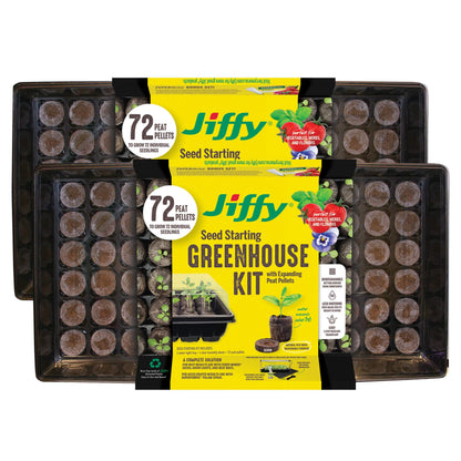Ferry Morse Jiffy Seed Starting Greenhouse Tray Kit with 72 36mm Peat Pellets and Bonus SUPERthrive Sample + Plant Markers, 2 Pack, 144 Pellets Total