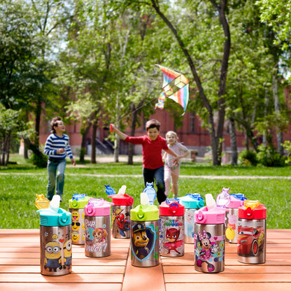 Zak Designs Disney Minnie’s Happy Helpers - Stainless Steel Water Bottle with One Hand Operation Action Lid and Built-in Carrying Loop, Kids Water Bottle with Straw Spout (15.5 oz, 18/8, BPA Free)