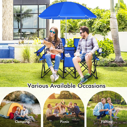 COSTWAY Double Portable Picnic Chairs, Folding Camping Chairs w/Detachable Umbrella, Cooler Bag, Cup Holders, Patio Beach Camping Chairs for Outdoors, Blue