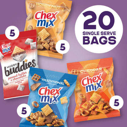 Chex Sweet & Salty Snack Variety Pack, Individually Wrapped Snack Bags, Party and Lunch Packs, Muddy Buddies Peanut Butter and Chocolate, Chex Mix Traditional, Cheddar, Honey Nut, 35 oz/20 Bags