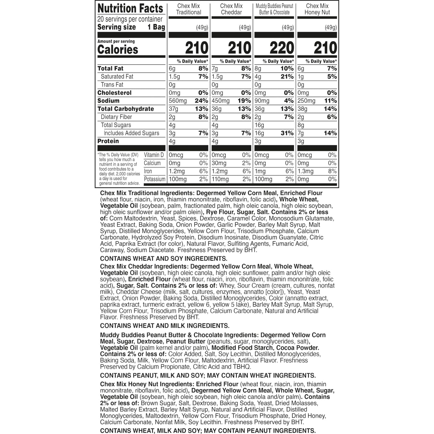 Chex Sweet & Salty Snack Variety Pack, Individually Wrapped Snack Bags, Party and Lunch Packs, Muddy Buddies Peanut Butter and Chocolate, Chex Mix Traditional, Cheddar, Honey Nut, 35 oz/20 Bags