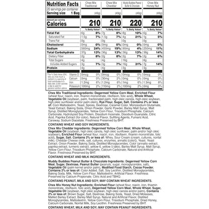 Chex Sweet & Salty Snack Variety Pack, Individually Wrapped Snack Bags, Party and Lunch Packs, Muddy Buddies Peanut Butter and Chocolate, Chex Mix Traditional, Cheddar, Honey Nut, 35 oz/20 Bags