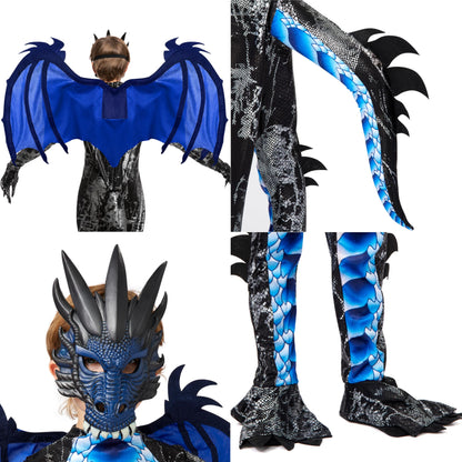 Spooktacular Creations Halloween Kids Boys Black and Blue Dragon costume, Dragon Wings and Mask for Halloween Parties, Cosplay-S(5-7yr)