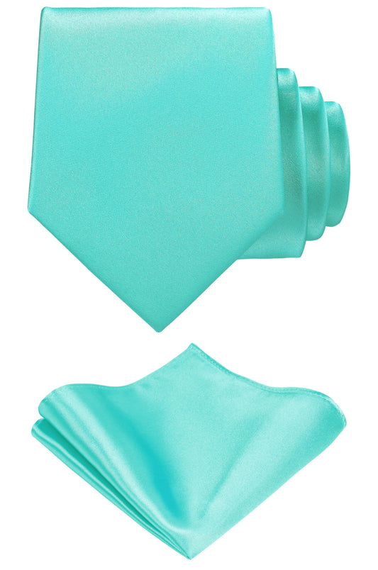 TIE G Solid Satin Woven dyed Color Formal Black Necktie and Pocket Square Sets in Gift Box (Aqua)