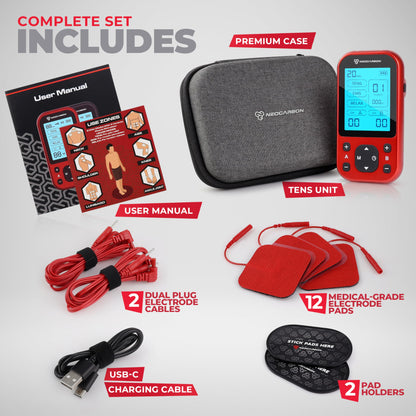 TENS Unit Muscle Stimulator Pro for Back Pain Relief, Shoulder Recovery and Physical Therapy, Electronic EMS Massager Machine with PMS Pulse for Effective Shock Therapy, Red