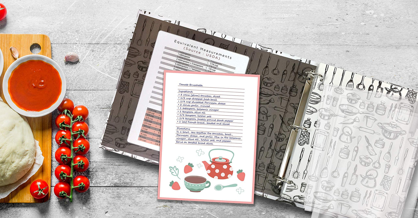 Better Kitchen Products Recipe Binder, Full Page 3 Ring Standard Binder Organizer Set (with 50 Page Protectors & 12 Category Divider Tabs) 11.5" x 12" Sleek Kitchen Design