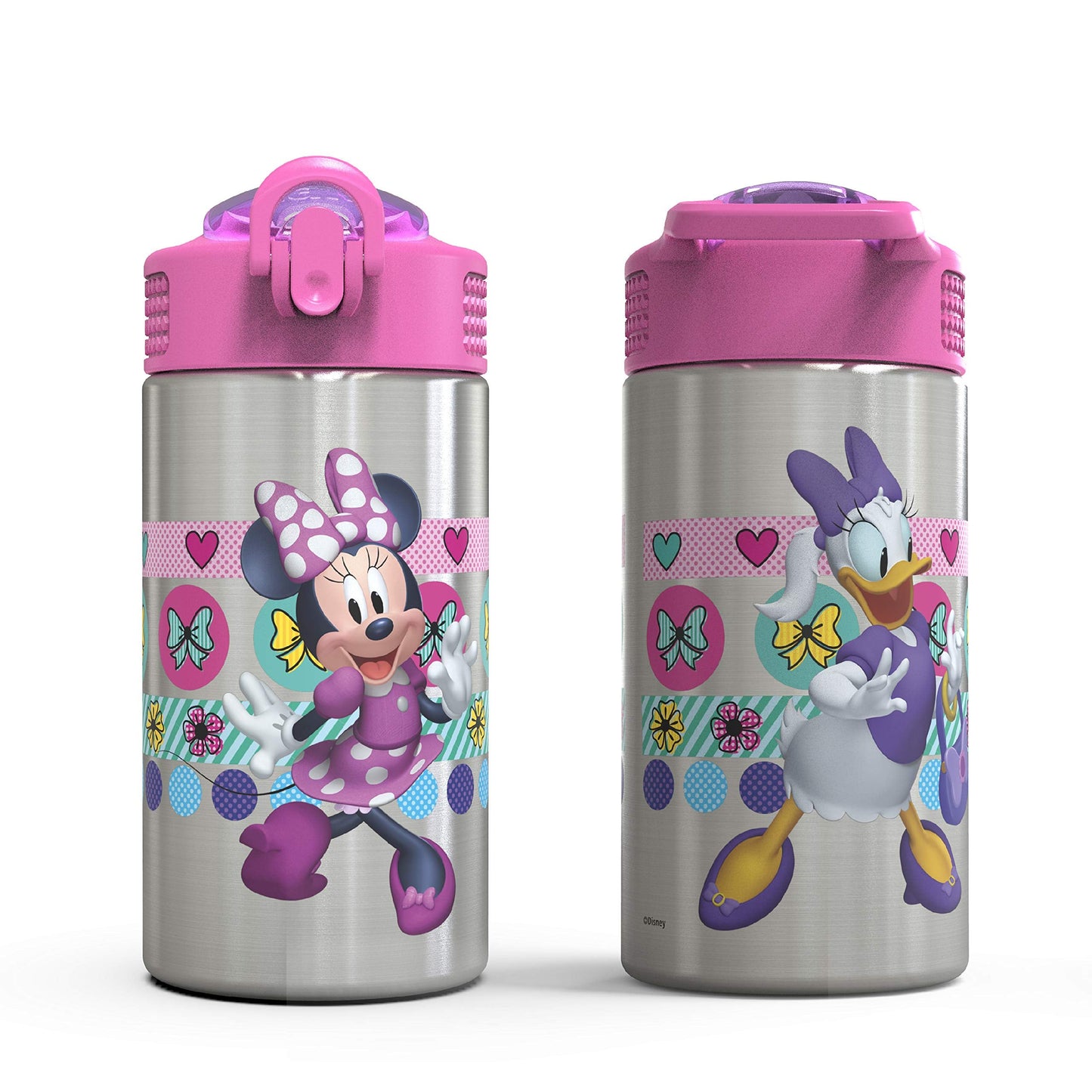 Zak Designs Disney Minnie’s Happy Helpers - Stainless Steel Water Bottle with One Hand Operation Action Lid and Built-in Carrying Loop, Kids Water Bottle with Straw Spout (15.5 oz, 18/8, BPA Free)