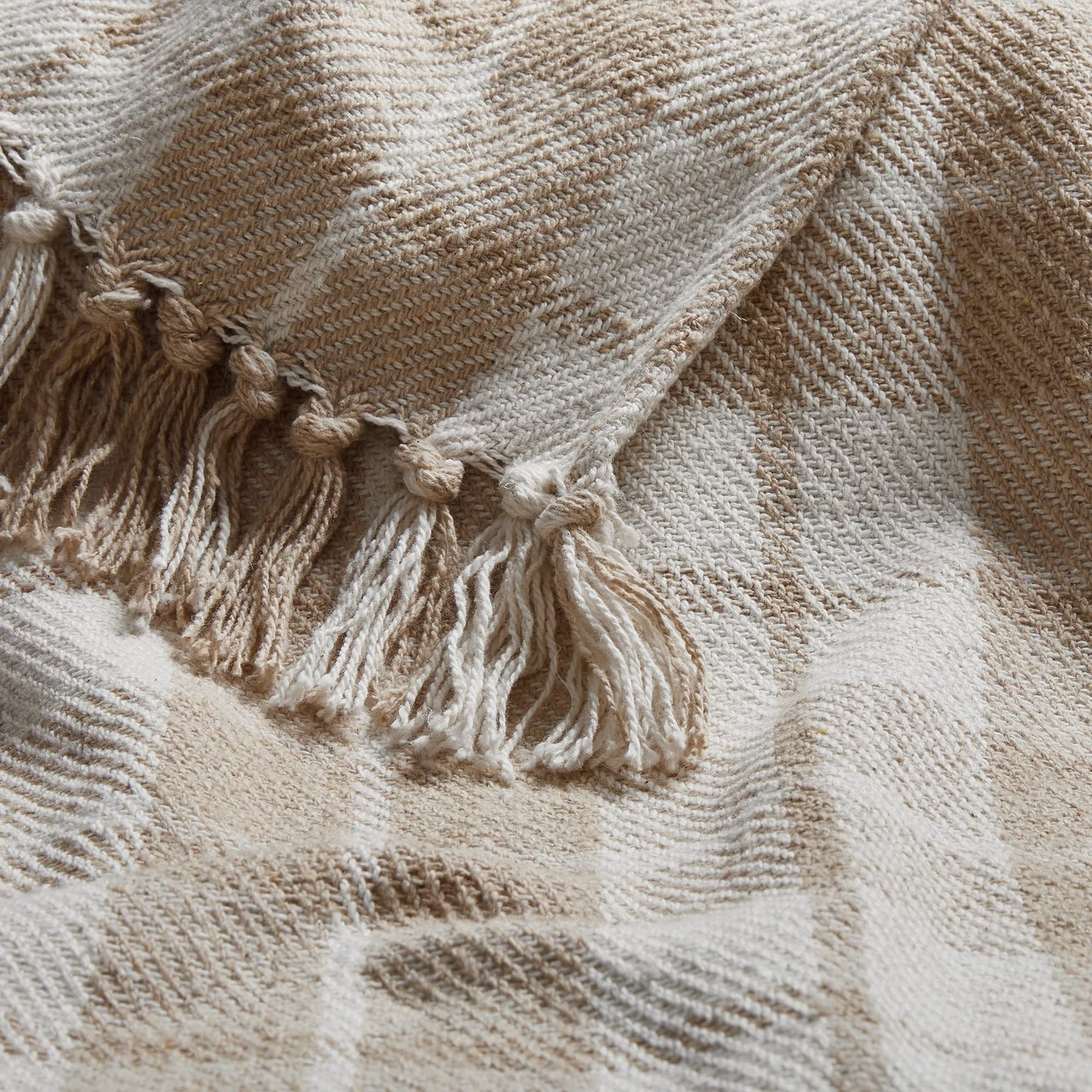 Americanflat 50x60 Throw Blanket - Soft and Breathable Cotton Throw Blanket for Couch, Bed, Chair - Decorative Blankets Perfect for Home, Office, or Outdoor Use - Ecru Camel Plaid Design