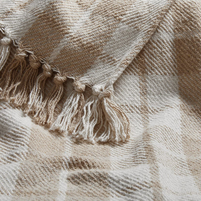 Americanflat 50x60 Throw Blanket - Soft and Breathable Cotton Throw Blanket for Couch, Bed, Chair - Decorative Blankets Perfect for Home, Office, or Outdoor Use - Ecru Camel Plaid Design